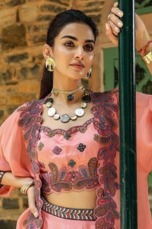 Picture of Fascinating Peach Designer Indo-Western Lehenga Choli for Engagement and Reception