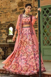 Picture of Fascinating Peach Designer Indo-Western Lehenga Choli for Engagement and Reception