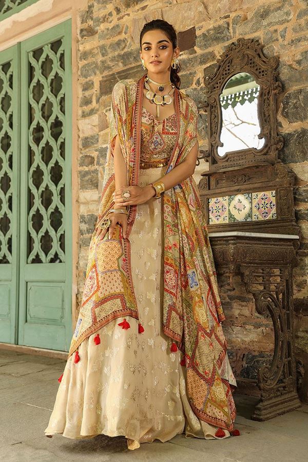 Picture of Mesmerizing Beige Designer Indo-Western Lehenga Choli for Engagement and Reception