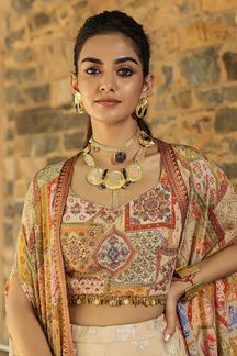 Picture of Mesmerizing Beige Designer Indo-Western Lehenga Choli for Engagement and Reception