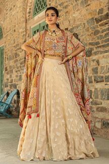 Picture of Mesmerizing Beige Designer Indo-Western Lehenga Choli for Engagement and Reception