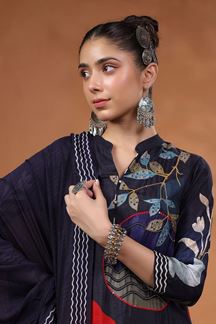 Picture of Splendid Navy Blue Printed Designer Straight Cut Suit for Party and Festive wear