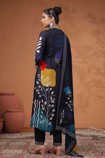 Picture of Splendid Navy Blue Printed Designer Straight Cut Suit for Party and Festive wear