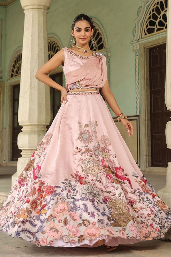 Picture of Striking Peach Designer Indo-Western Lehenga Choli for Engagement and Reception