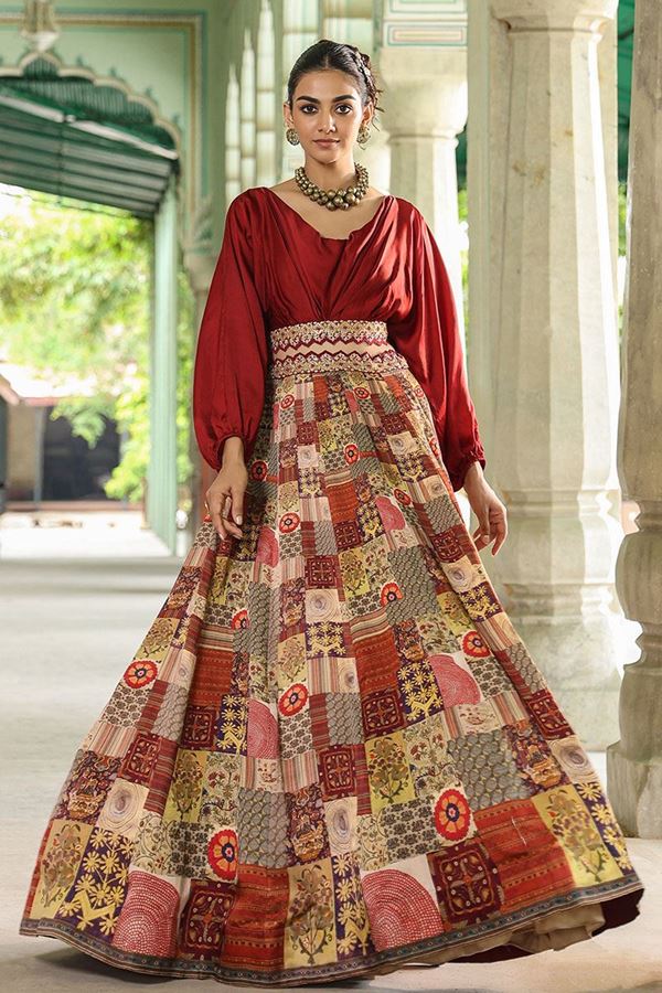 Picture of Flamboyant Maroon Designer Indo-Western Lehenga Choli for Engagement and Reception