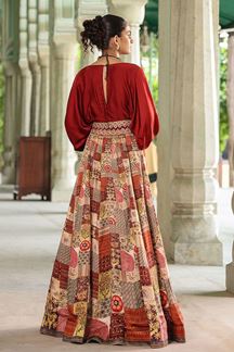 Picture of Flamboyant Maroon Designer Indo-Western Lehenga Choli for Engagement and Reception