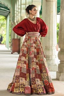 Picture of Flamboyant Maroon Designer Indo-Western Lehenga Choli for Engagement and Reception