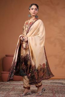 Picture of Outstanding Cream Printed Designer Straight Cut Suit for Party and Festive Wear 