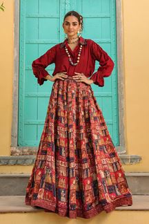 Picture of Surreal Maroon Designer Indo-Western Lehenga Choli for Engagement and Reception