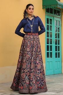 Picture of Royal Navy Blue Designer Indo-Western Lehenga Choli for Engagement and Reception