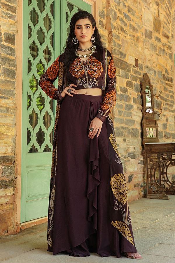 Picture of Aesthetic Copper Brown Designer Indo-Western Lehenga Choli for Engagement and Reception