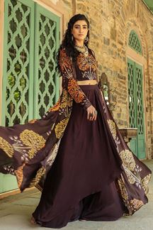 Picture of Aesthetic Copper Brown Designer Indo-Western Lehenga Choli for Engagement and Reception