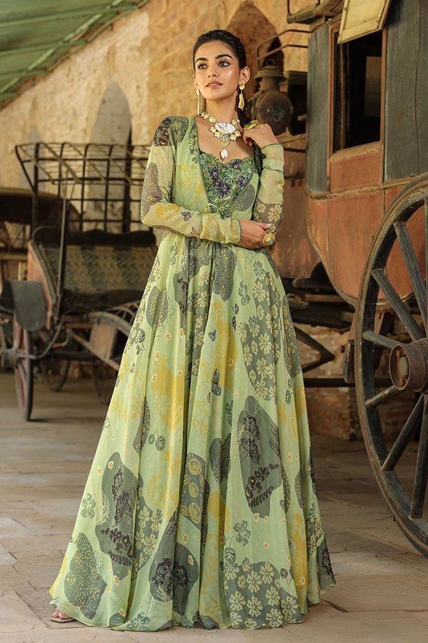 Picture of Bollywood Olive Green Designer Gown for Party, Mehendi, and Festivals