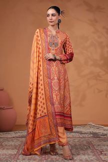 Picture of Dazzling Peach Printed Designer Straight Cut Suit for Party and Festive Wear