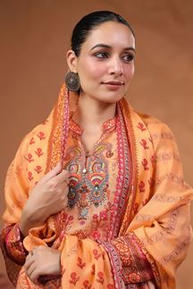 Picture of Dazzling Peach Printed Designer Straight Cut Suit for Party and Festive Wear