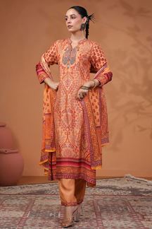 Picture of Dazzling Peach Printed Designer Straight Cut Suit for Party and Festive Wear