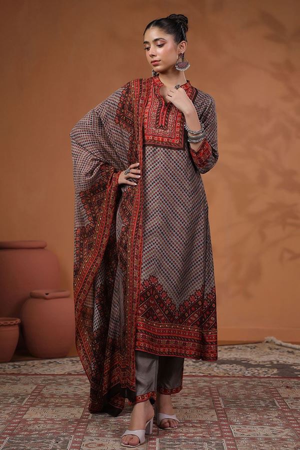 Picture of Mesmerizing Grey and Maroon Printed Designer Straight Cut Suit for Party and Festive Wear