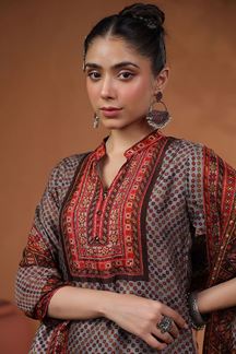 Picture of Mesmerizing Grey and Maroon Printed Designer Straight Cut Suit for Party and Festive Wear