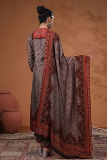 Picture of Mesmerizing Grey and Maroon Printed Designer Straight Cut Suit for Party and Festive Wear