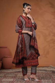 Picture of Mesmerizing Grey and Maroon Printed Designer Straight Cut Suit for Party and Festive Wear