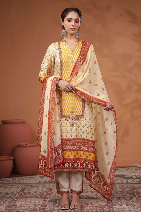 Picture of Striking Yellow Printed Designer Straight Cut Suit for Party and Haldi