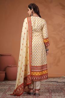 Picture of Striking Yellow Printed Designer Straight Cut Suit for Party and Haldi