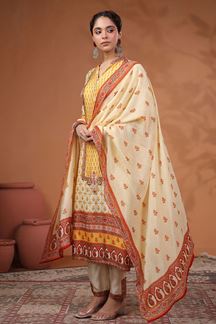 Picture of Striking Yellow Printed Designer Straight Cut Suit for Party and Haldi