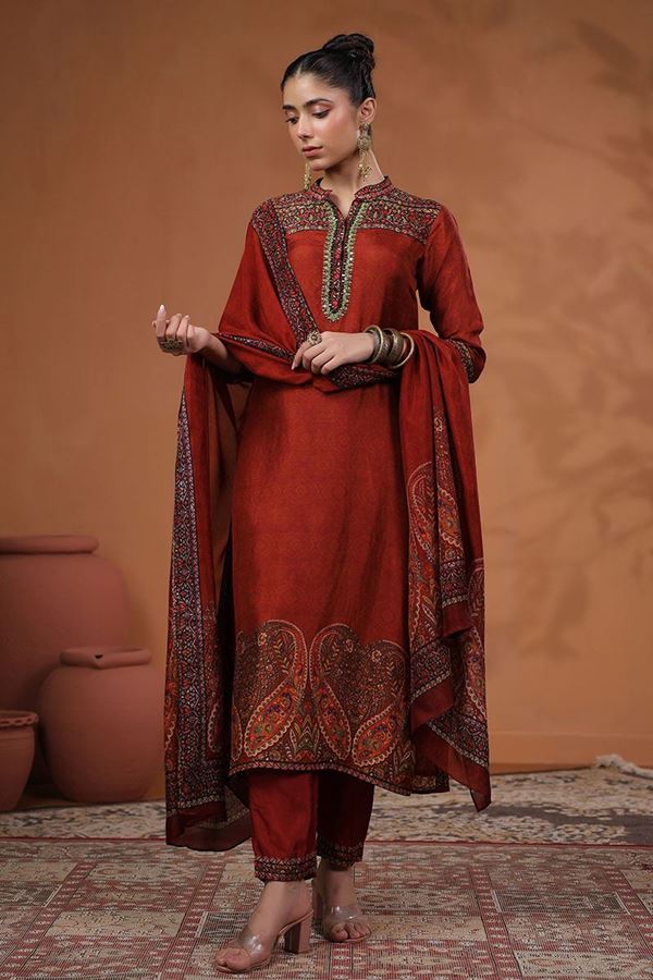 Picture of Fashionable Red Paisley Printed Designer Straight Cut Suit for Party and Festive Wear