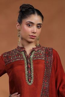 Picture of Fashionable Red Paisley Printed Designer Straight Cut Suit for Party and Festive Wear