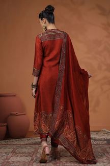 Picture of Fashionable Red Paisley Printed Designer Straight Cut Suit for Party and Festive Wear