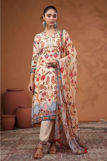 Picture of Flamboyant Cream Floral Printed Designer Straight Cut Suit for Party and Festive Wear