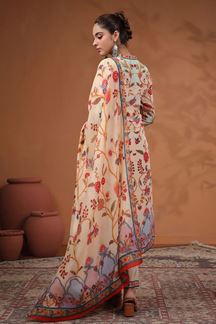 Picture of Flamboyant Cream Floral Printed Designer Straight Cut Suit for Party and Festive Wear