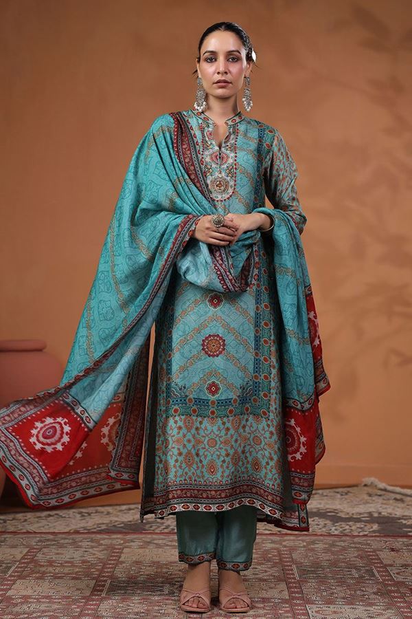 Picture of Amazing Blue Printed Designer Straight Cut Suit for Party and Festive Wear