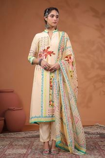 Picture of Classy Cream Printed Designer Straight Cut Suit for Party and Festive Wear