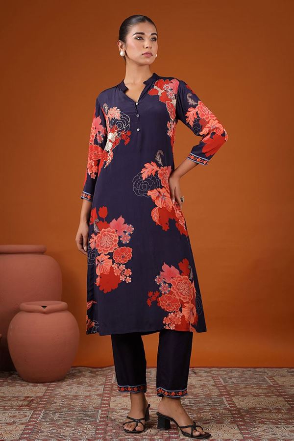 Picture of Aesthetic Navy Blue Floral Printed Designer Kurti for Party and Festive Wear