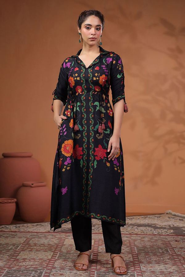 Picture of Delightful Black Floral Printed Designer Kurti for Party