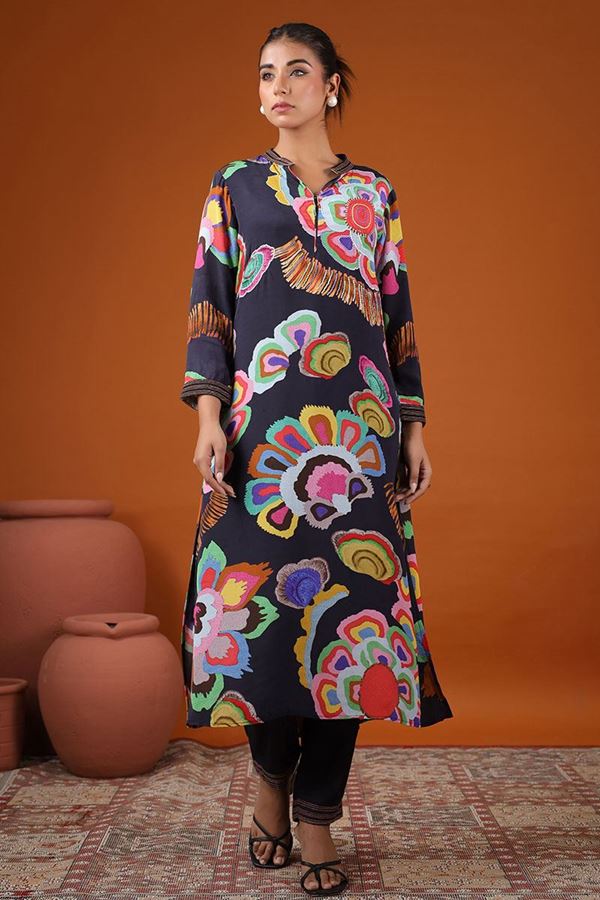 Picture of Stunning Navy Blue Printed Designer Kurti for Party and Festive Wear