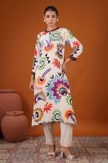 Picture of Lovely Off-White Semi Crepe Designer Kurti for Party and Festive Wear