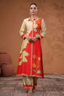 Picture of Charming Golden and Red Semi Muslin Designer Kurti for Party and Festive Wear