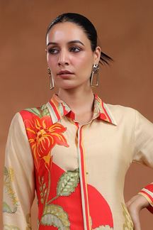 Picture of Charming Golden and Red Semi Muslin Designer Kurti for Party and Festive Wear