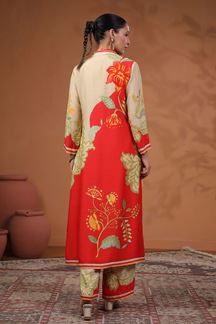 Picture of Charming Golden and Red Semi Muslin Designer Kurti for Party and Festive Wear