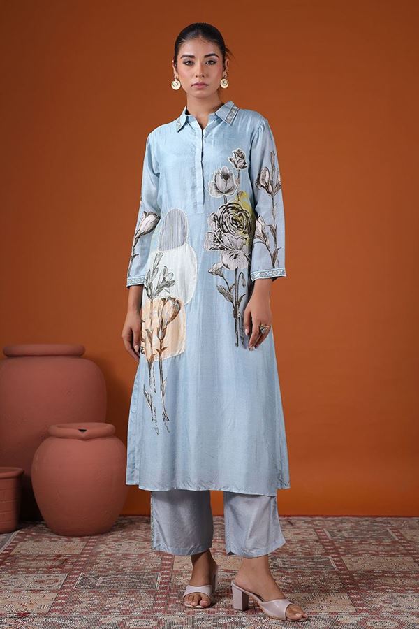 Picture of Marvelous Light Blue Printed Designer Kurti for Party and Festive Wear