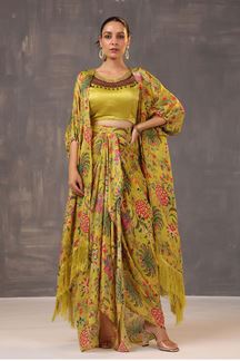 Picture of Charismatic Mustard Printed Designer Indo-Western Outfit with Cape for Party and Haldi