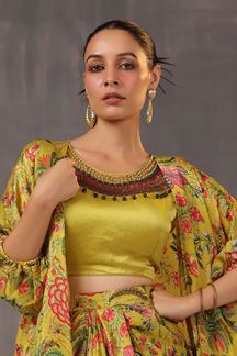 Picture of Charismatic Mustard Printed Designer Indo-Western Outfit with Cape for Party and Haldi