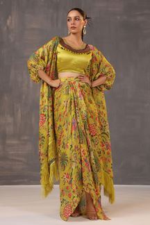 Picture of Charismatic Mustard Printed Designer Indo-Western Outfit with Cape for Party and Haldi