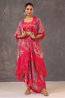 Picture of Smashing Pink Printed Designer Indo-Western Outfit with Cape for Party