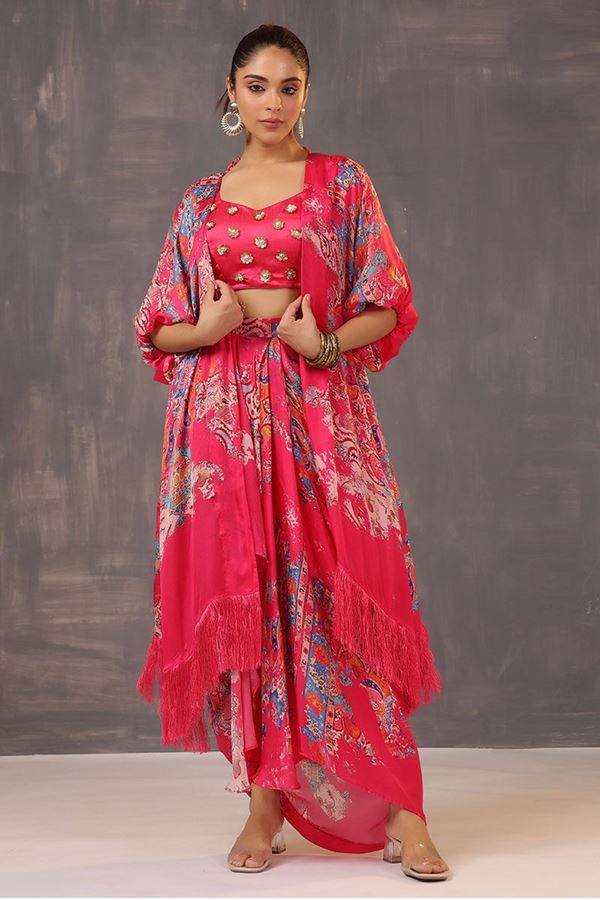 Picture of Smashing Pink Printed Designer Indo-Western Outfit with Cape for Party