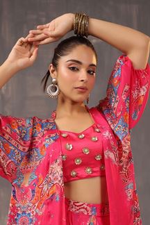 Picture of Smashing Pink Printed Designer Indo-Western Outfit with Cape for Party