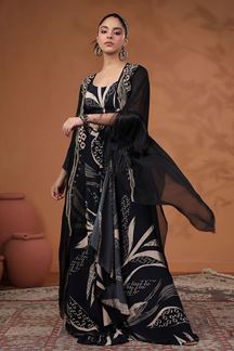 Picture of Splendid Black Designer Palazzo Suit with Cape for Party