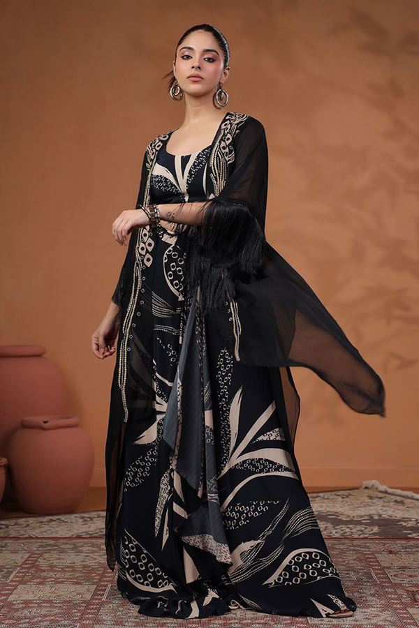 Picture of Splendid Black Designer Palazzo Suit with Cape for Party